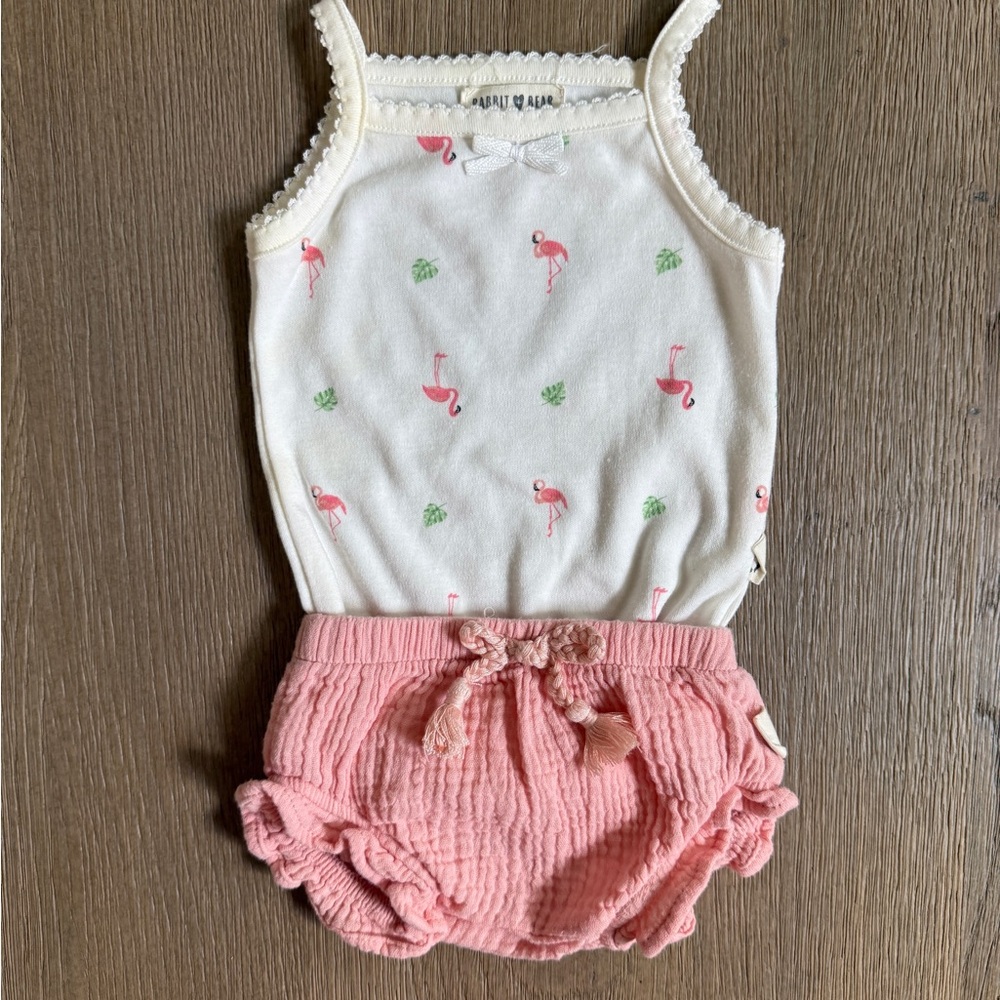 Rabbit + Bear Organic Baby Girl Flamingo Bodysuit & Bloomers Set 0–3 Months